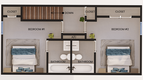 Floor plan for 2 beds, 2.5 baths, 988 sqft